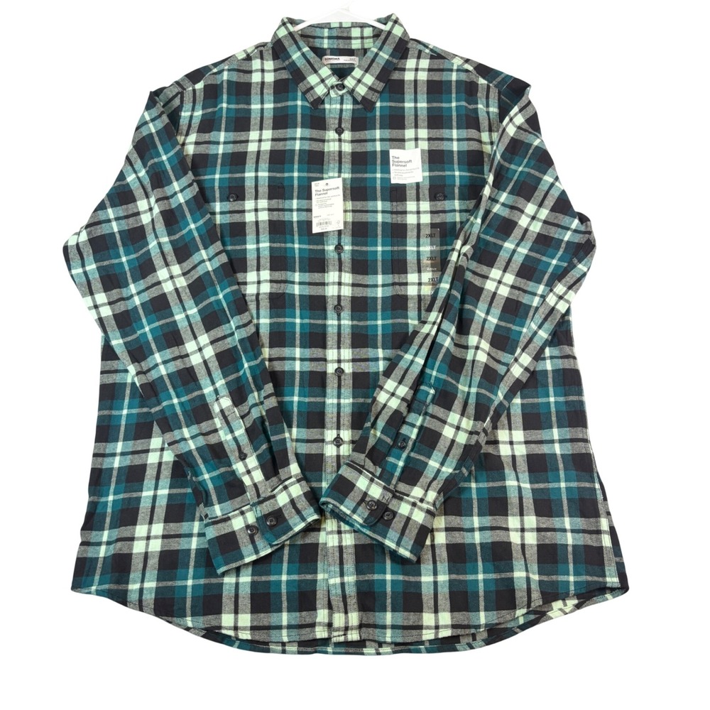 Sonoma Mens 2XLT Supersoft Flannel Shirt Teal Black Plaid Tall Long Sleeve NEW